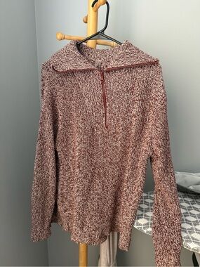Lou & Grey Marled Knit Half-Zip Sweater in Rust and Cream